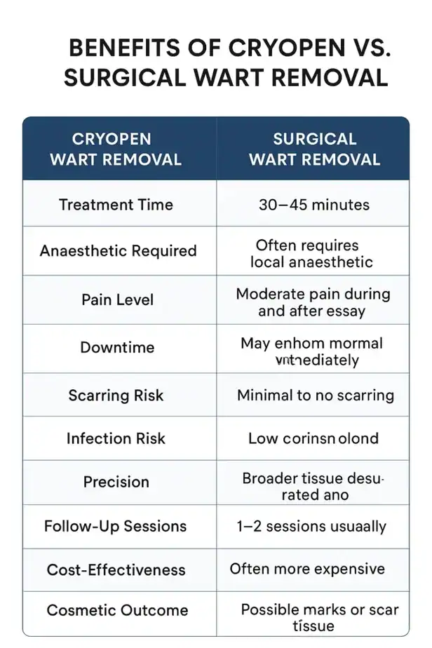 Table showing the benefits of cryopen to remove warts Whitby compared to surgical treatment
